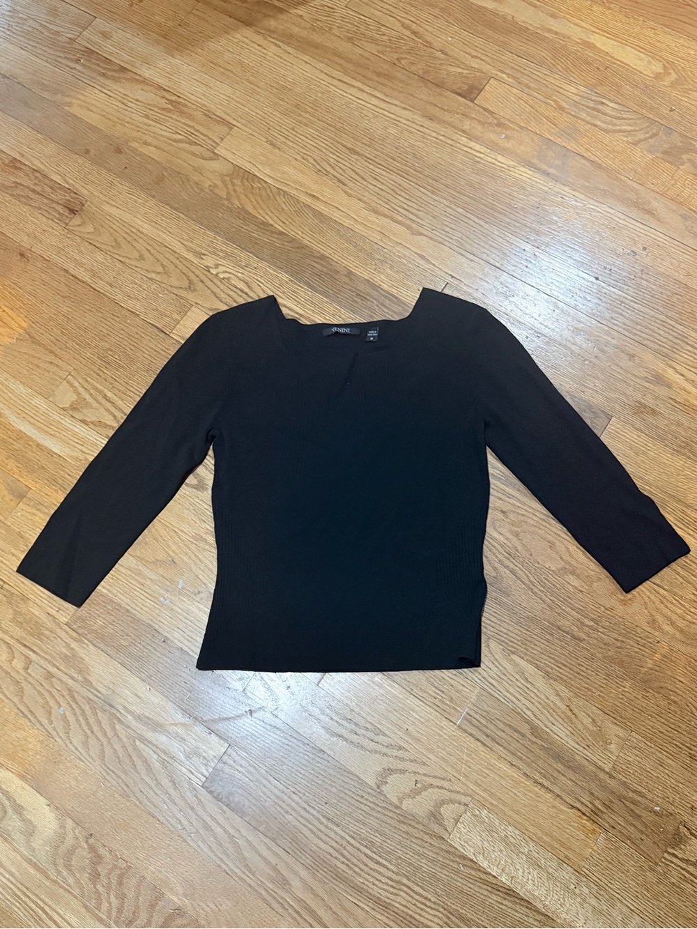 Venini Black Ribbed Square Neck 3/4 Sleeve Top